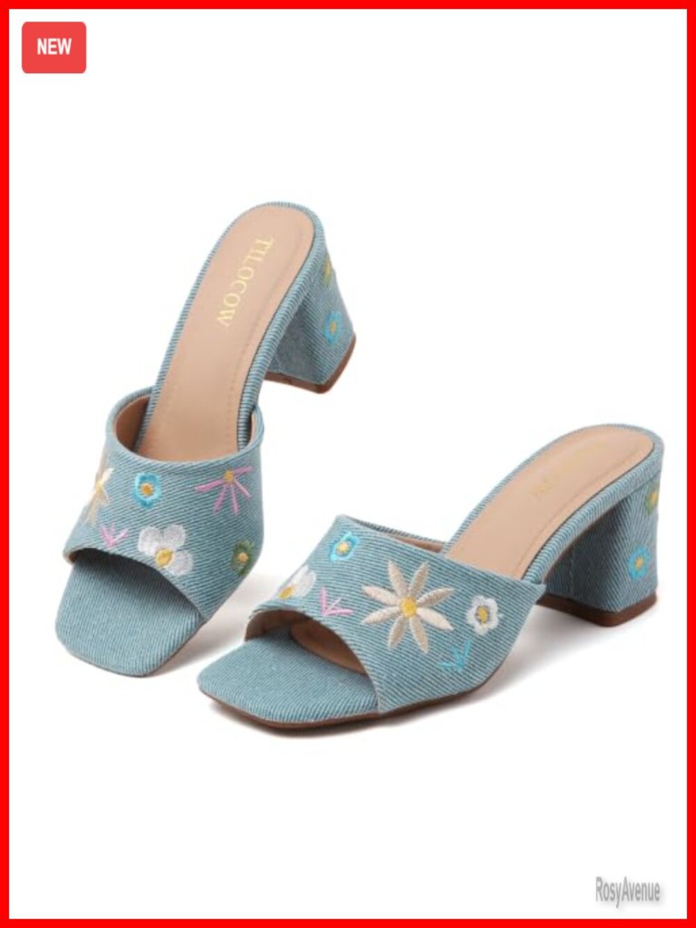 Women's Chunky Heeled Sandals Square Toe Slip On Mules Block Heel Embroidered